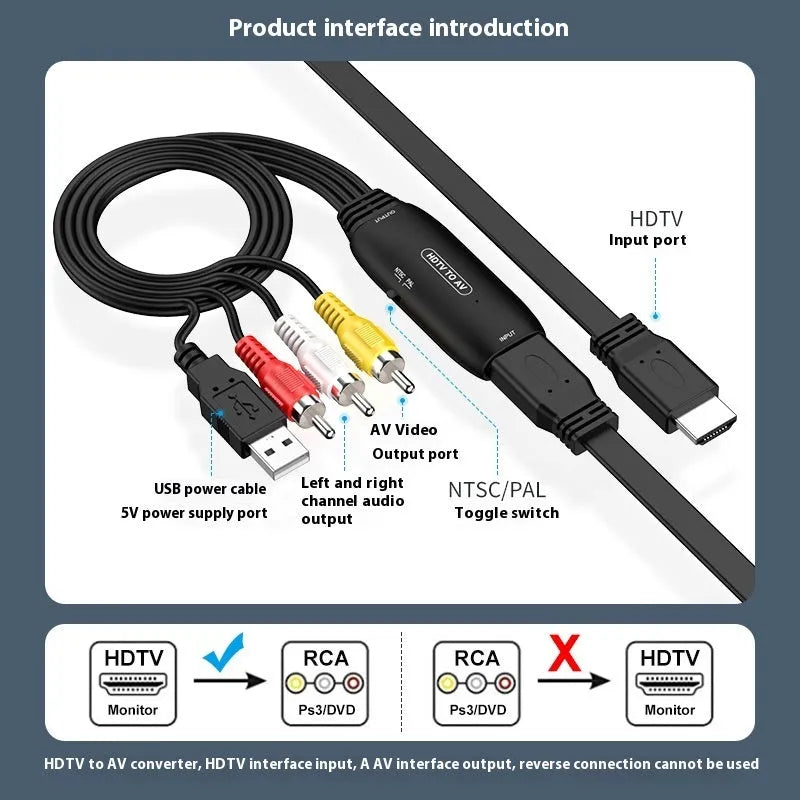 Black HDMI to AV converter adapter with 110cm cable for projector and monitor video signal conversion