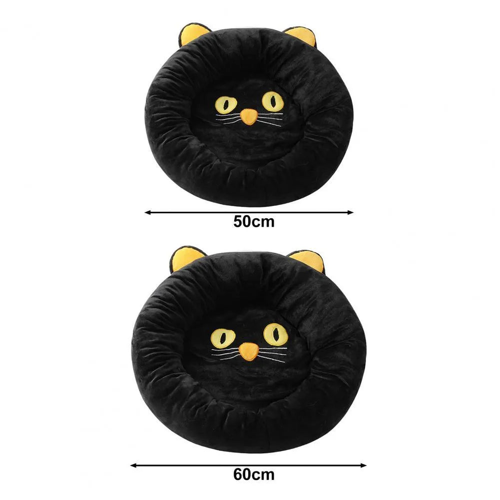 Black cat shape velvet pet nest bed with raised edges for cat head and neck support