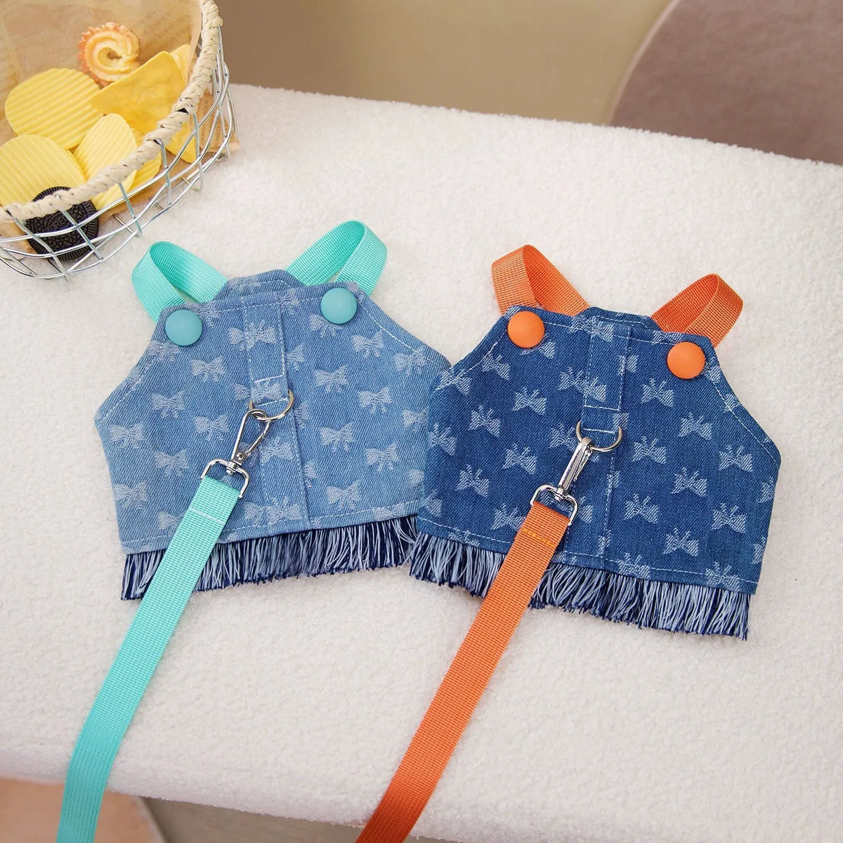 Cotton denim pet vest full bottom bow for dogs light blue size M