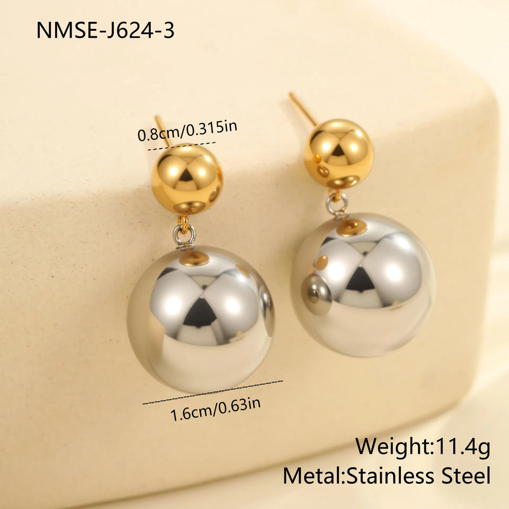 Stainless steel geometric ear studs with round bead design and colour-block electroplating