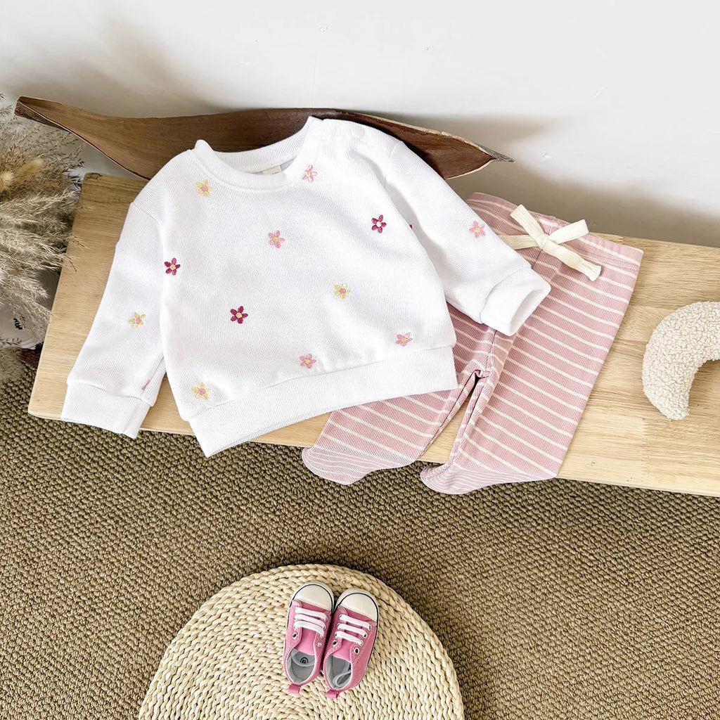 White baby girl floral embroidered pullover sweatshirt suit with matching pants, polyester fibre fabric