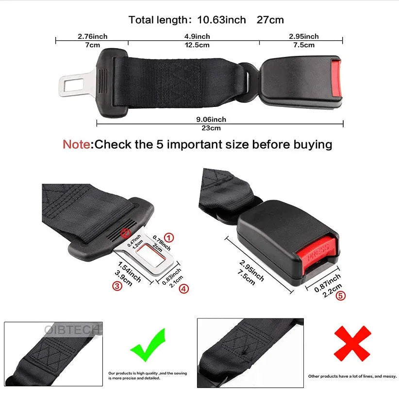 Black car seat belt extender with 36cm ribbon extension for 21mm belt inserts