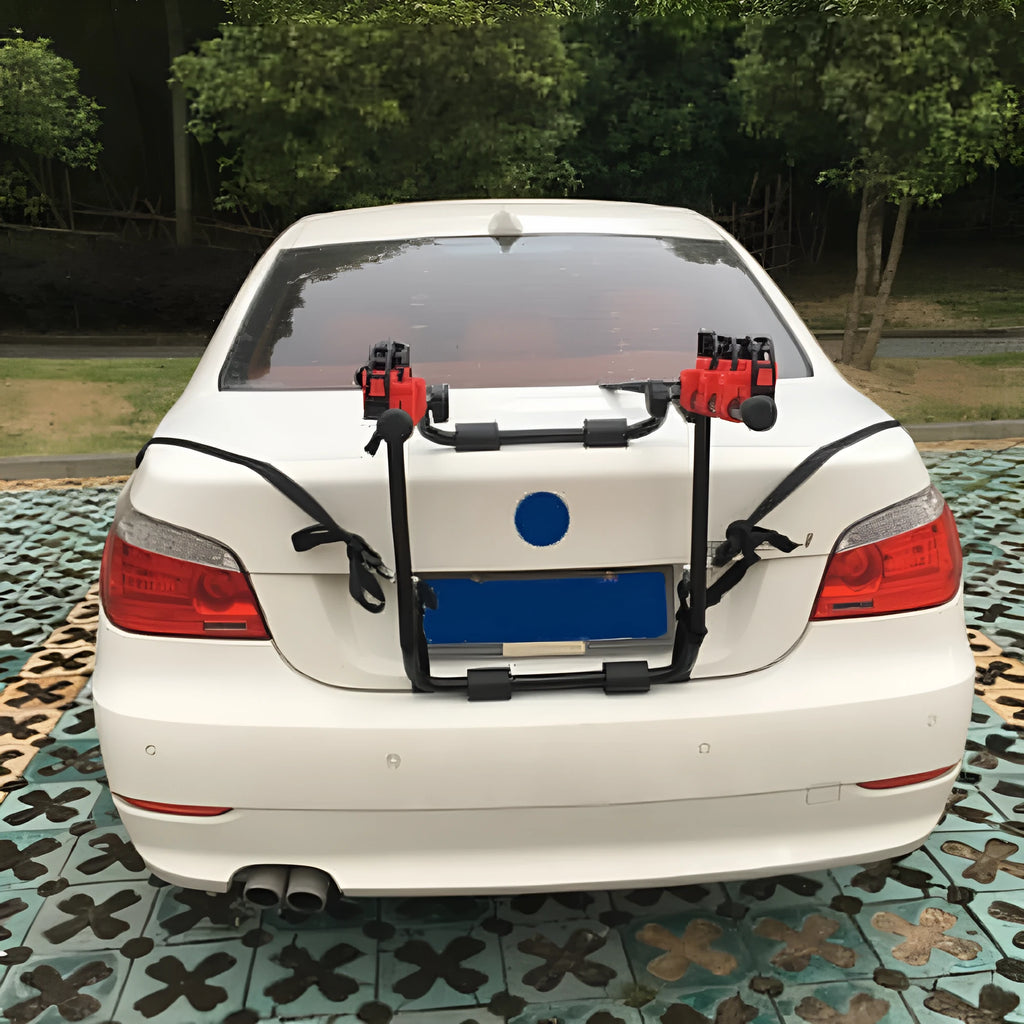 Black and red car trunk-mounted bicycle holder rack with iron construction measuring 73cm by 50cm