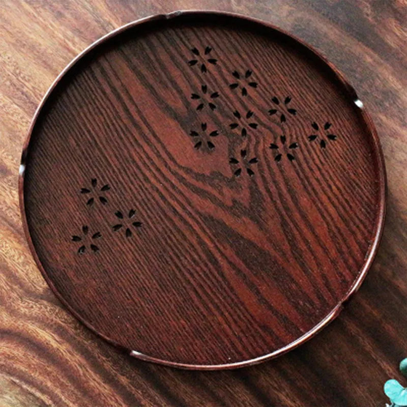 Wooden serving plate with 12 compartments and cherry blossom design measuring 30cm diameter