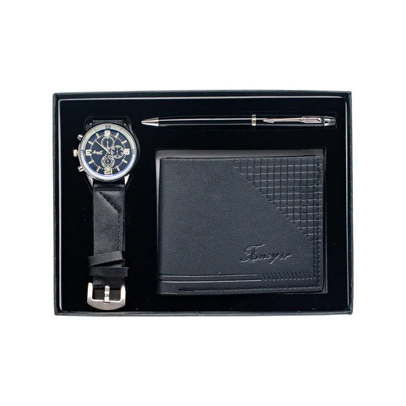 Brown and black 4-piece gift set containing wallet, pen, watch in modern style gift box