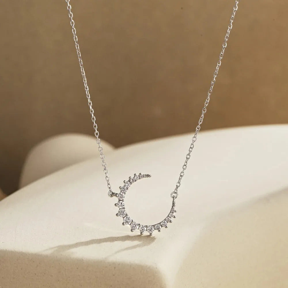 S925 sterling silver crescent necklace with mixed gem inlaid zircon pendant and cross chain, 41-50cm