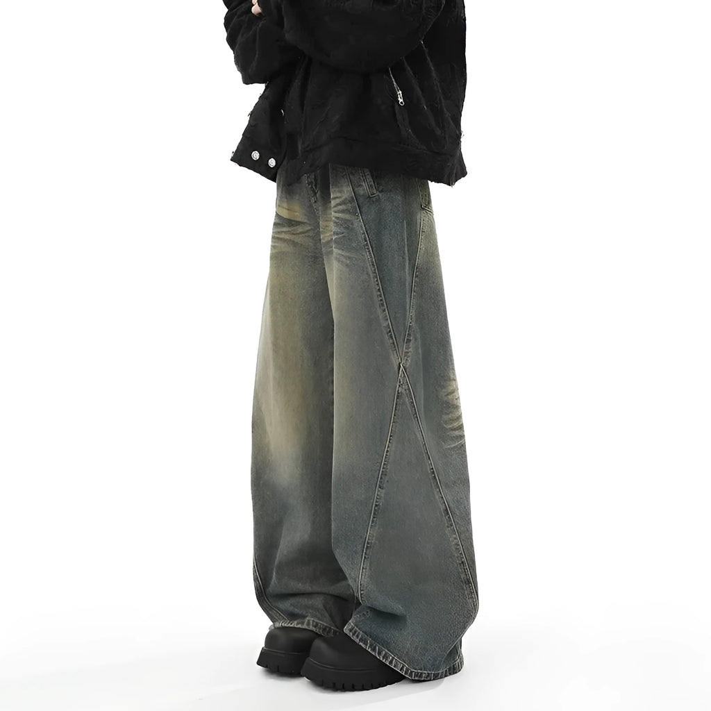 Blue washed distressed stitching straight loose wide-leg jeans for men, cotton denim, mid waist