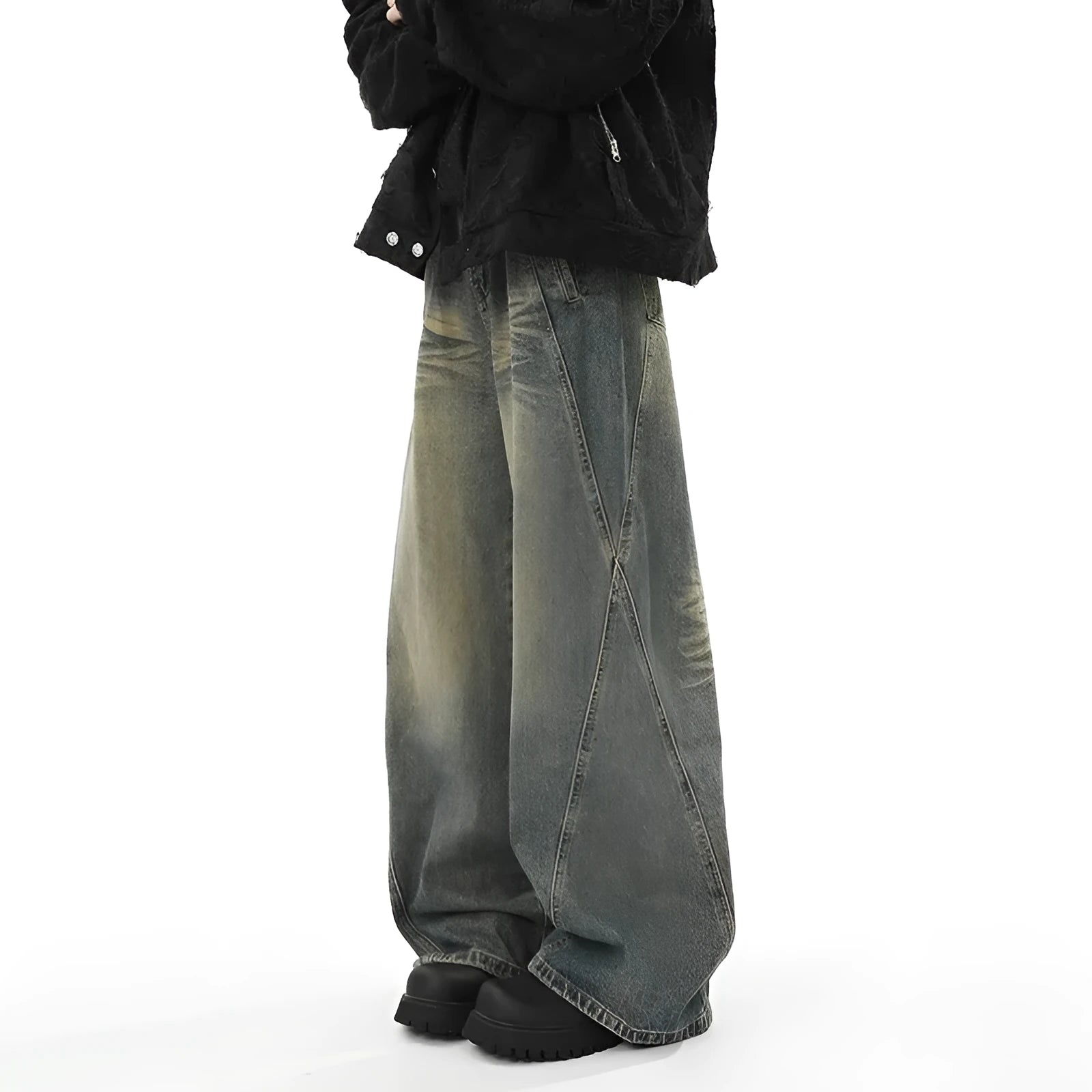 Blue washed distressed stitching straight loose wide-leg jeans for men, cotton denim, mid waist