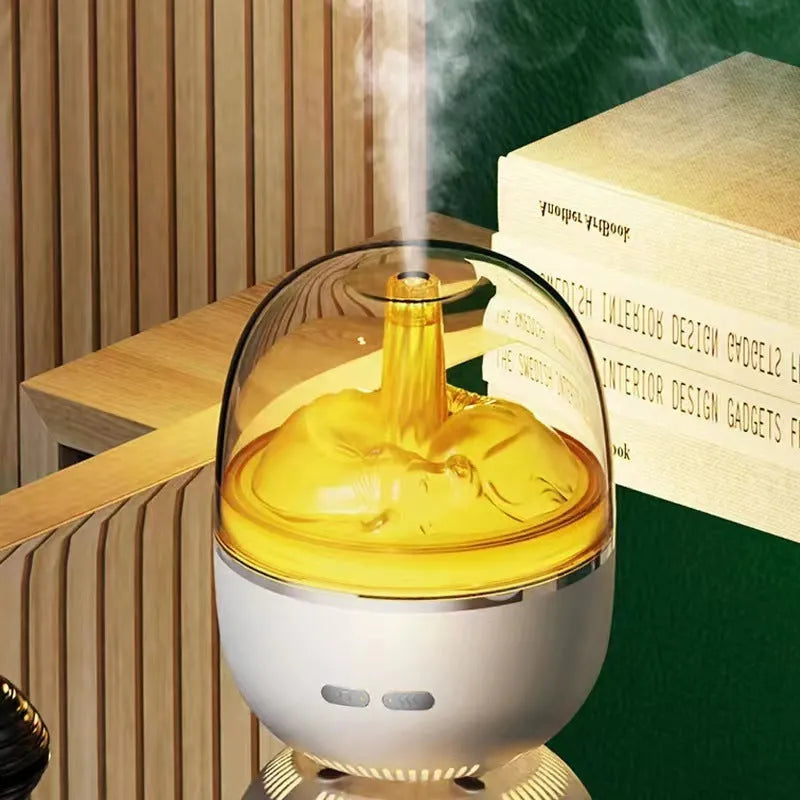 Green ultrasonic humidifier with colourful gradient light on desk showing heavy mist output