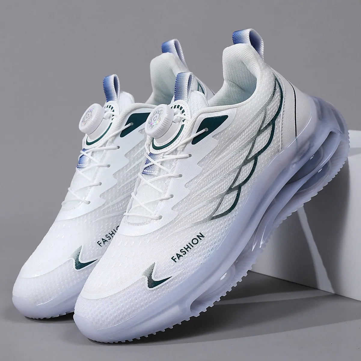 White men's casual shoes with rotating button closure and mesh upper