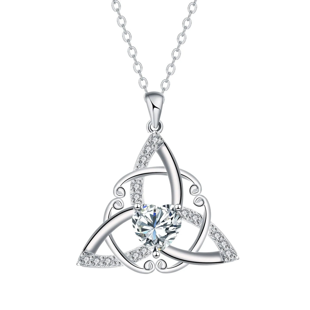 Geometric Celtic knot necklace pendant in copper with electroplated finish showing colour options