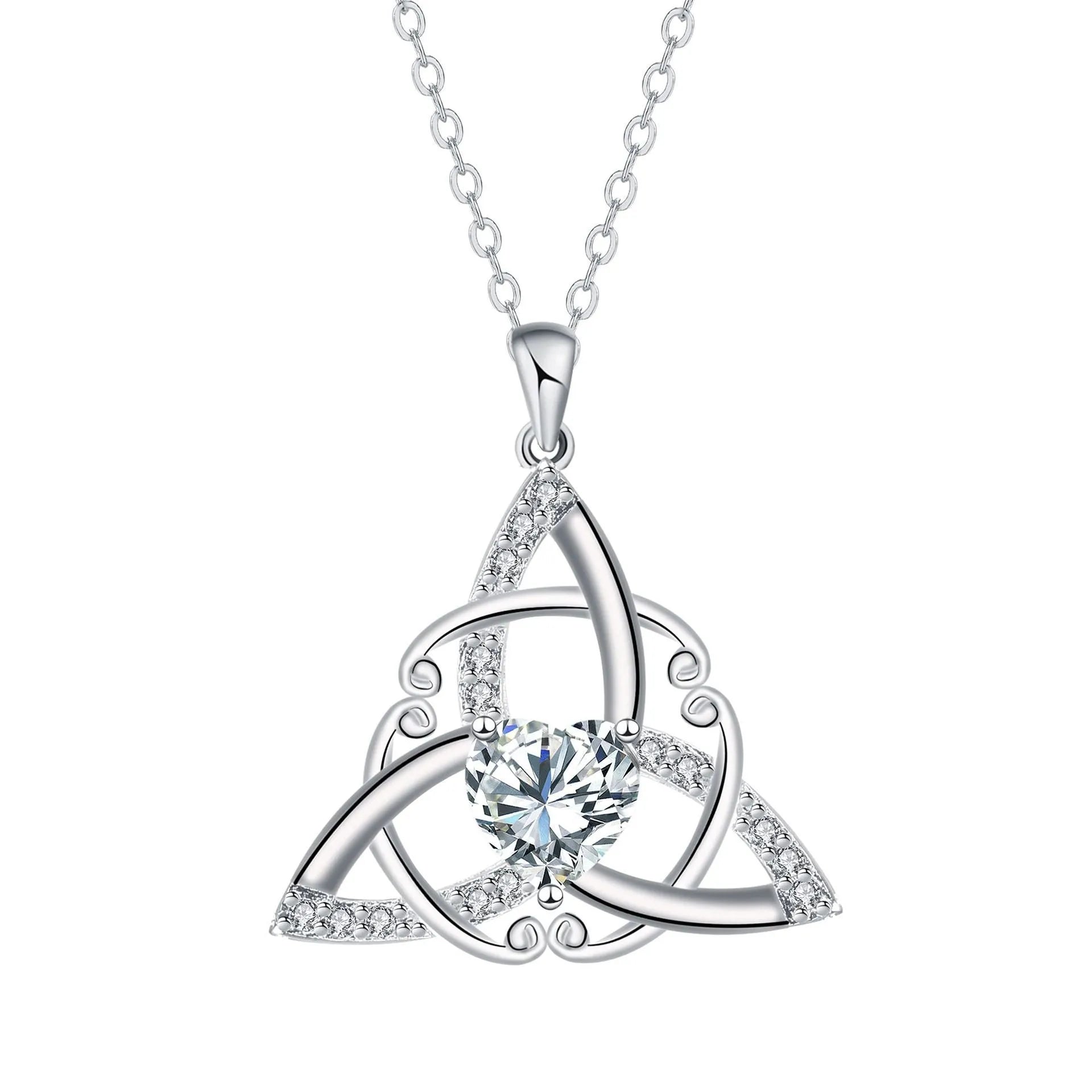Geometric Celtic knot necklace pendant in copper with electroplated finish showing colour options
