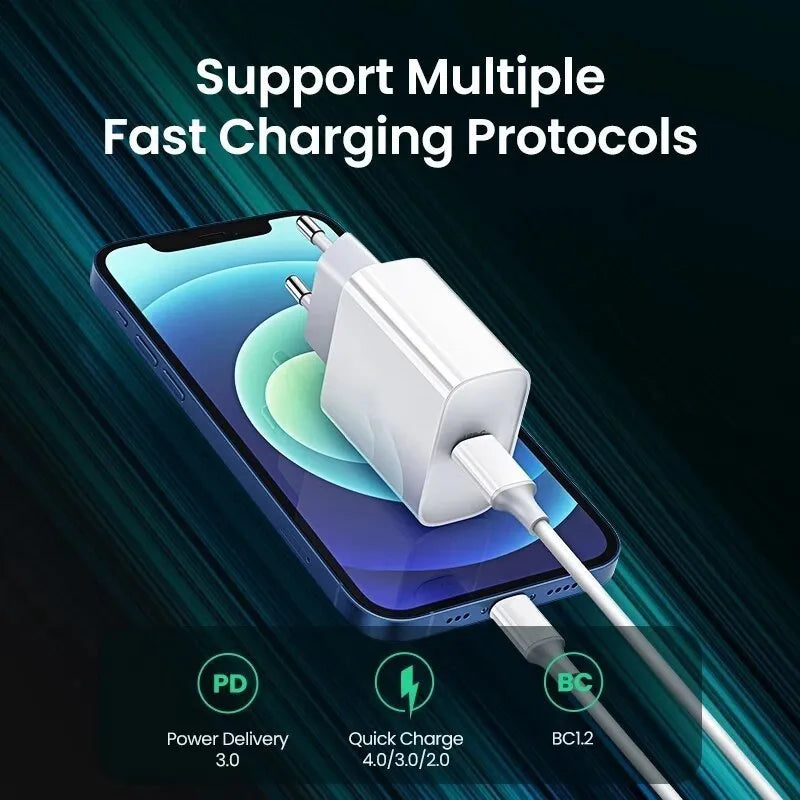 White 20W USB-C PD wall charger with UK three-pin plug.