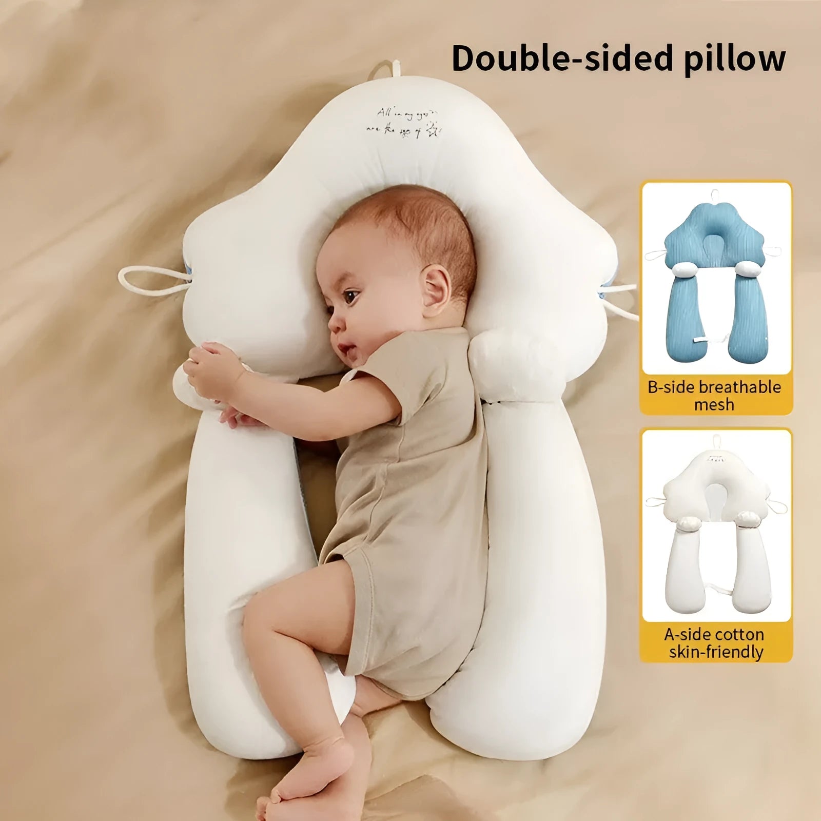 Blue and white U-shaped baby head shaping pillow made of pure cotton on a neutral background.
