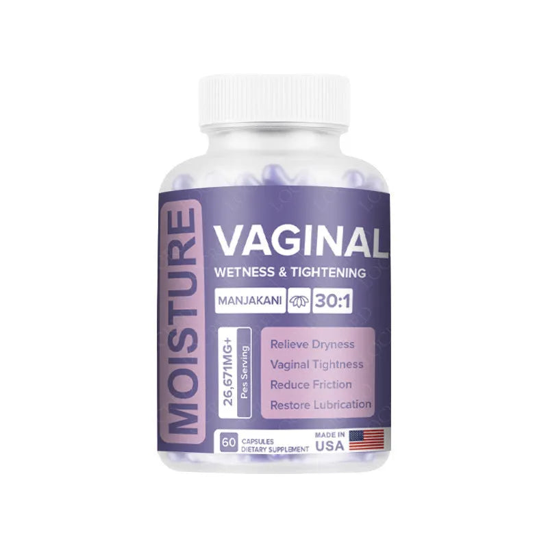 Bottle containing 60 vaginal capsules with herbal extract for adult women's intimate care