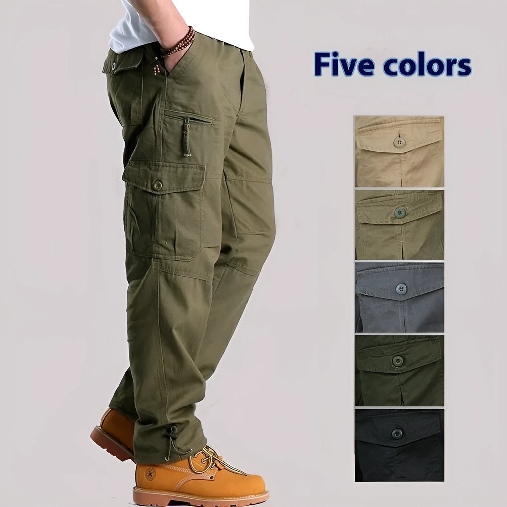 Men's loose spring autumn outdoor overalls in solid colour khaki with zip placket mid waist cotton blend