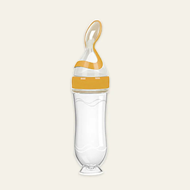 Silicone baby rice paste feeding bottle with suction cup base in blue, green, pink, white, or yellow.