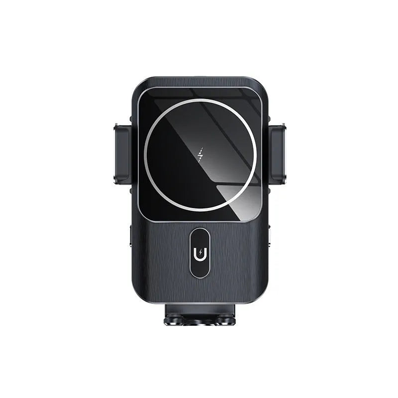 Black car wireless charger phone holder with 15W charging mounted on dashboard