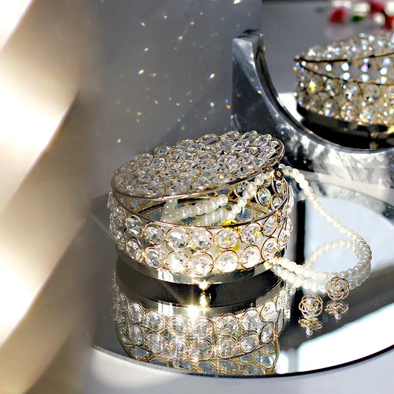 French gold European style jewelry box with crystal glass transparent lid showing contents
