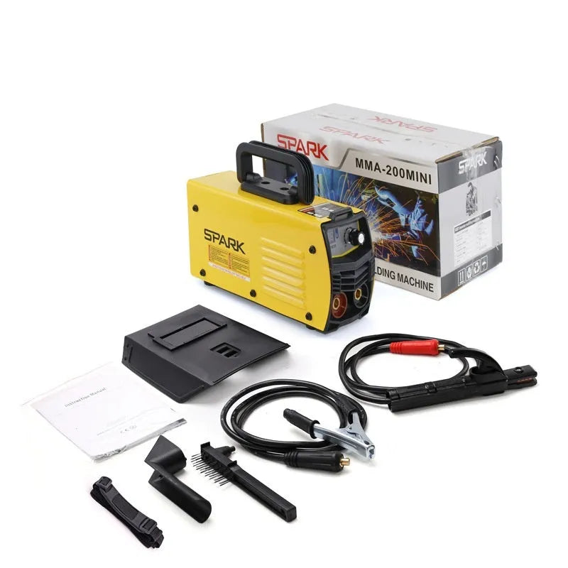 MMA-200MIN 220V DC welding machine with welding tongs, grounding clamps, face shield and brush hangers