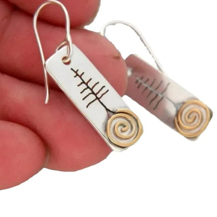Pair of retro exaggerated rectangle earrings with antique silver finish and snake motif on a plain background