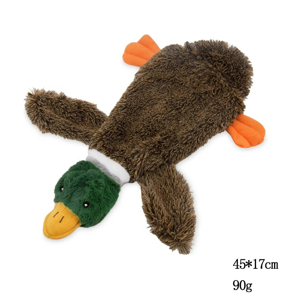 Green wild duck stuffless dog chew toy with squeakers and bottle insert cavity.