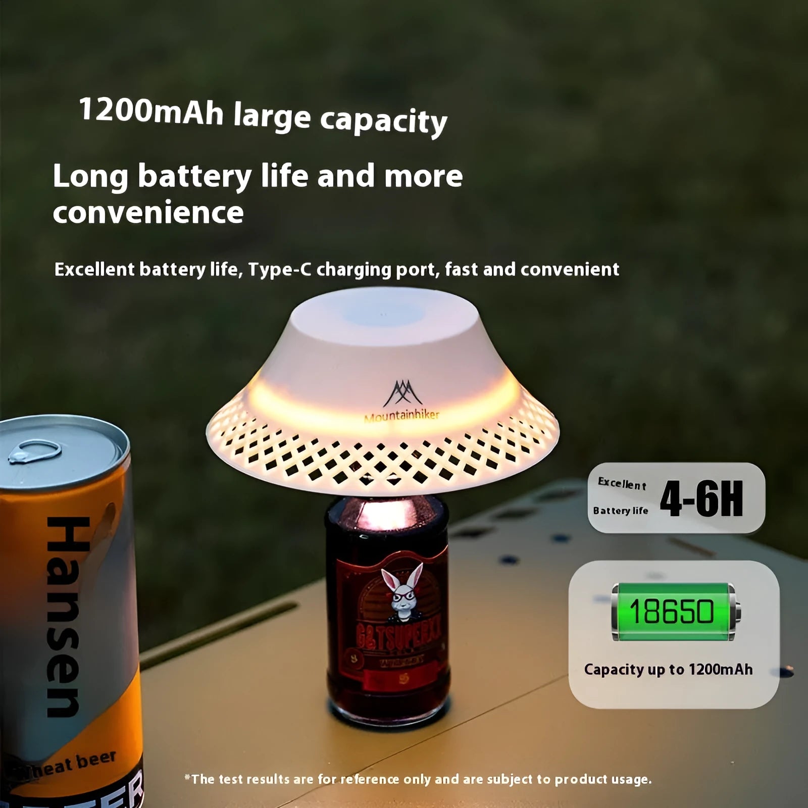 Beige wine bottle-shaped camping lantern with USB-C charging port and LED lights