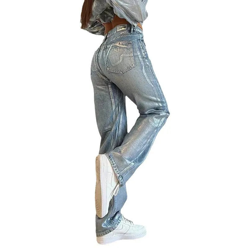 Blue washed high waist straight leg denim jeans with contrast colour street hipster styling