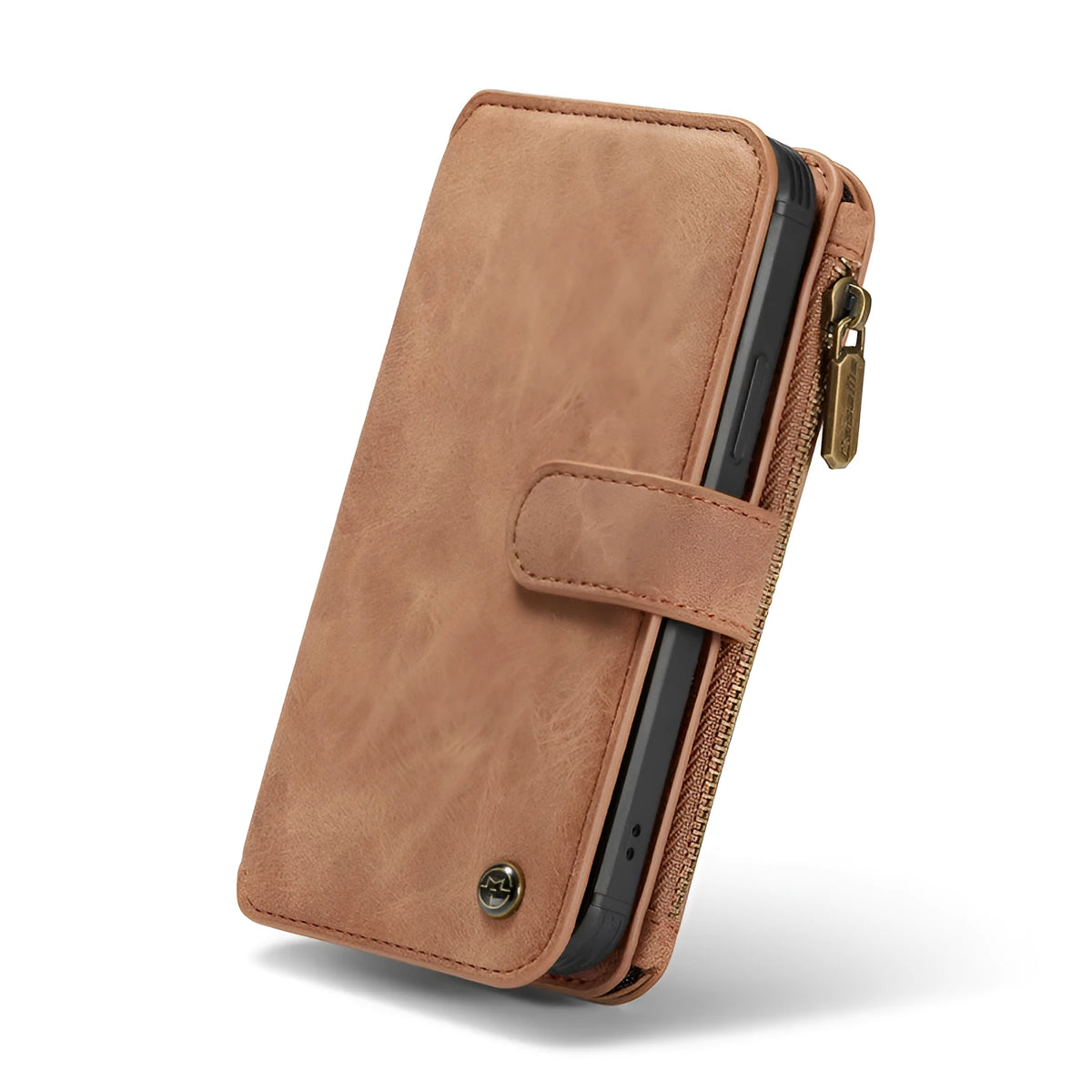 Imitation leather split flip case for Apple iPhone in black showing flip cover and machined finish