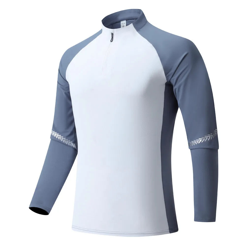 Men's stand collar half zip long sleeve training top in solid colour polyester, front view