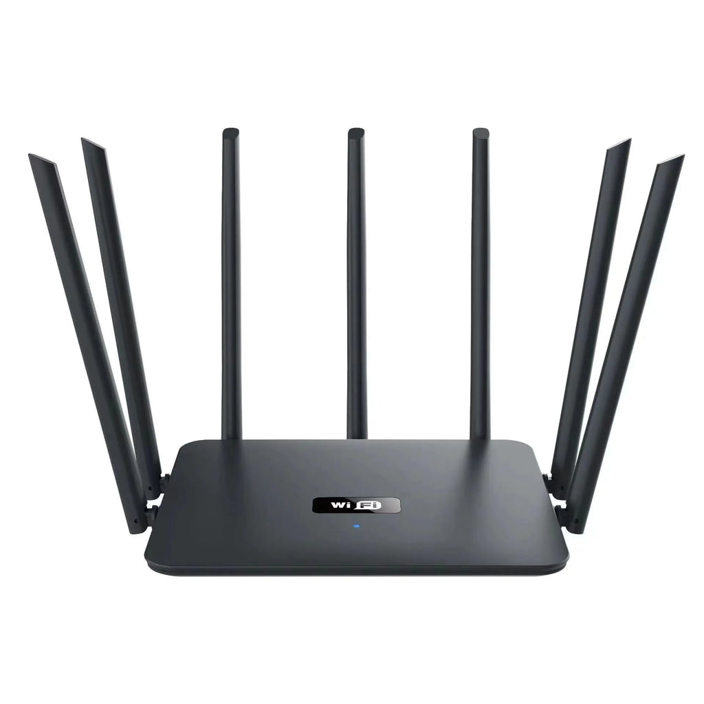 Black and white dual-frequency 5G Gigabit home WiFi router with multiple antennae for through-wall coverage.