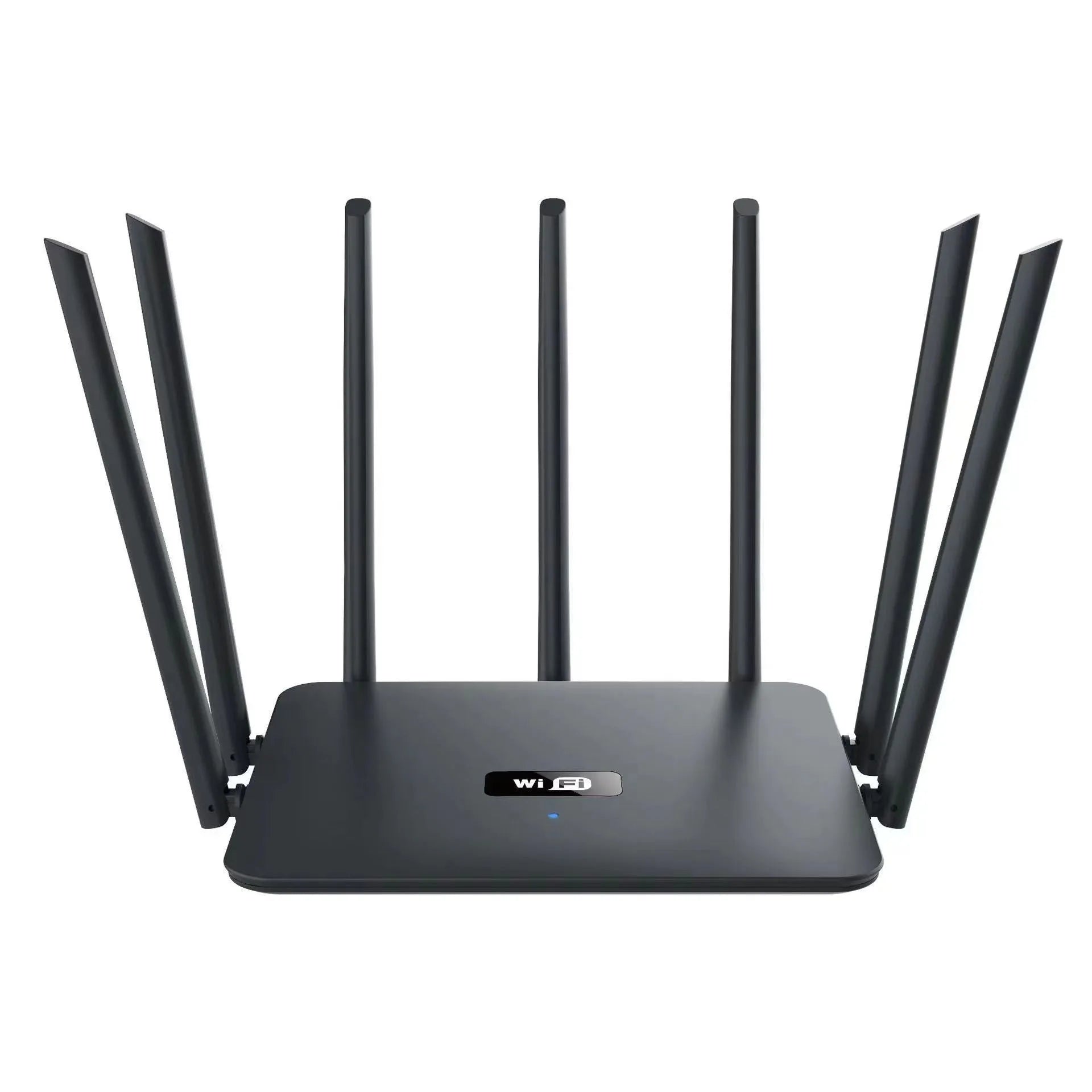 Black and white dual-frequency 5G Gigabit home WiFi router with multiple antennae for through-wall coverage.