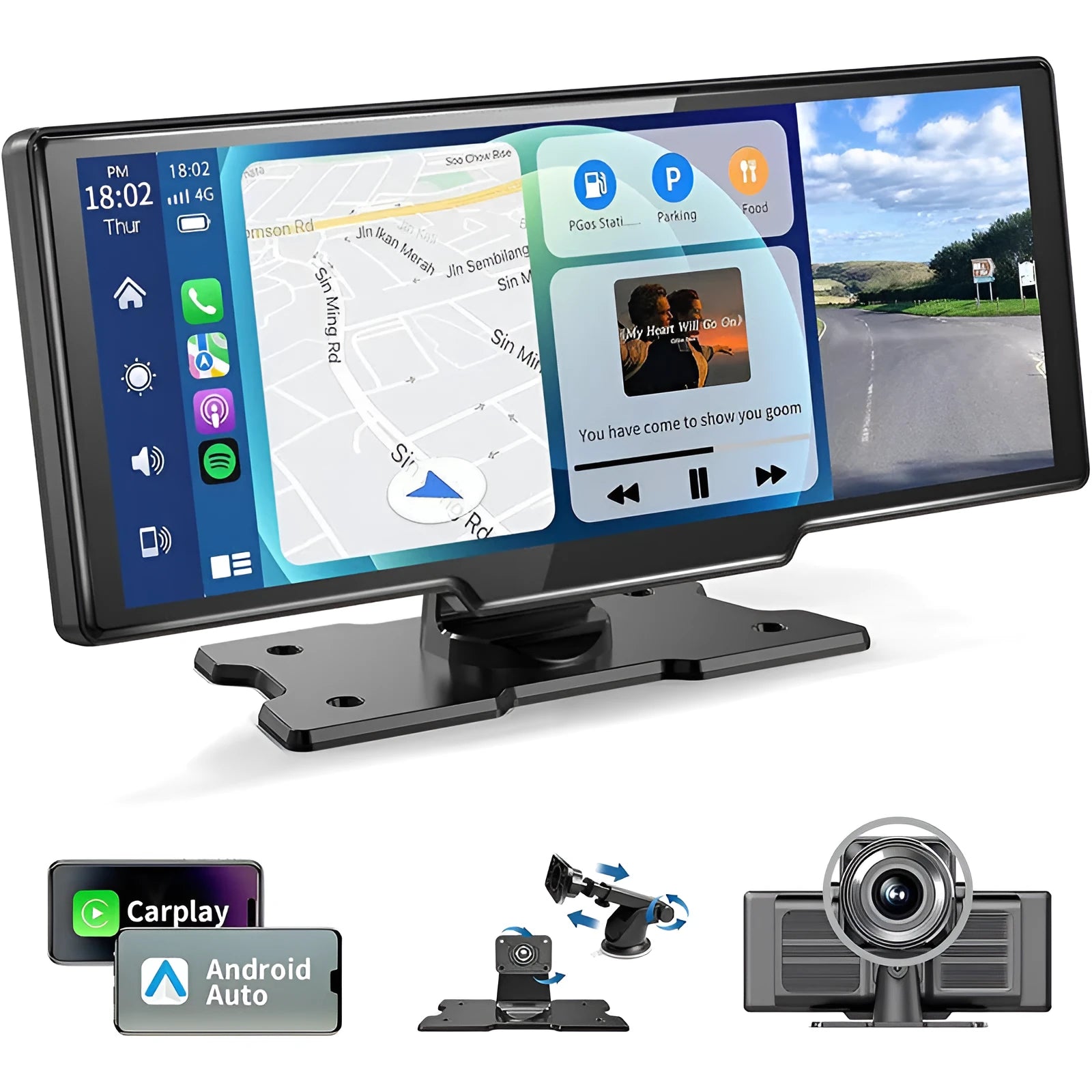 Black 10.26-inch car navigation device with dual recording cameras and suction mount for windscreen installation
