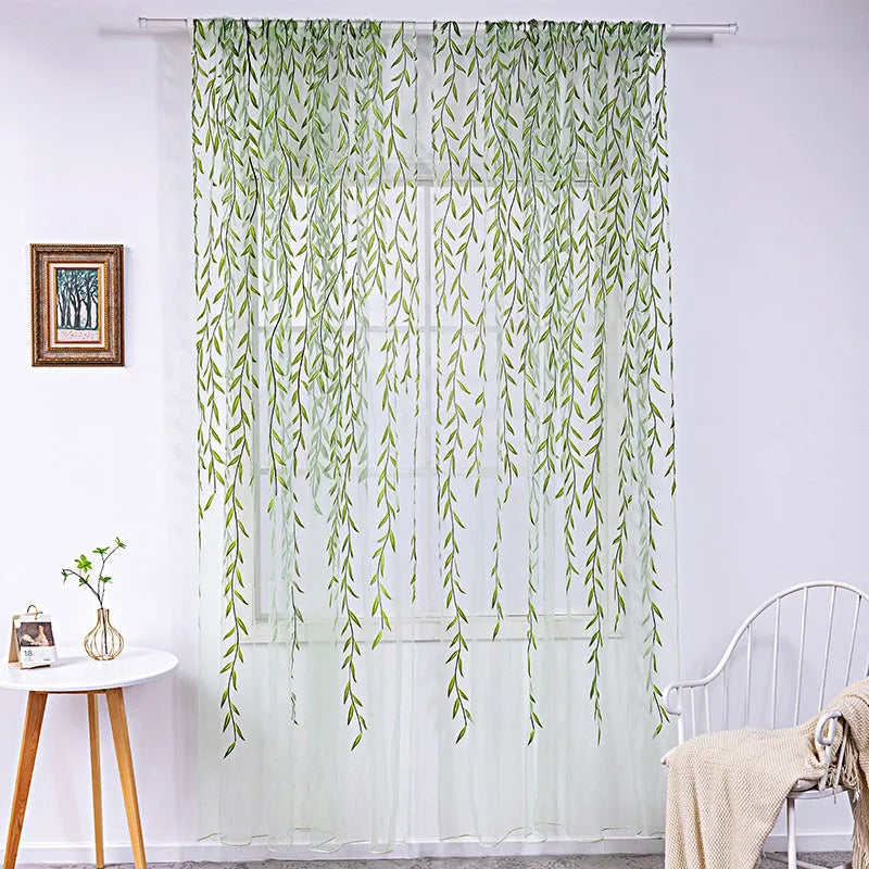 Inverted willow wicker pattern offset print curtain panel in green on white background