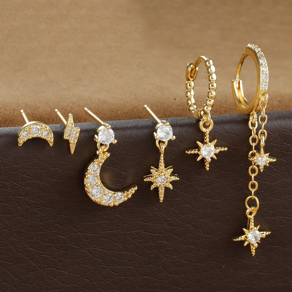 XINGX six gold chain tassel earrings with zircon studs on copper with electroplated finish