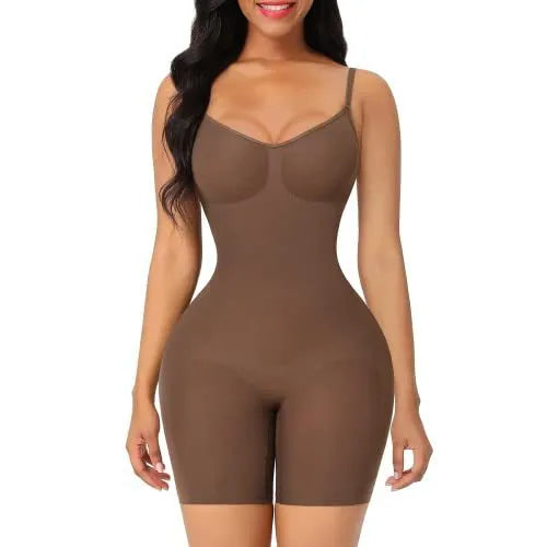 Plus size women's stretch nylon hip lift belly control sling body shaper in black, shown front view