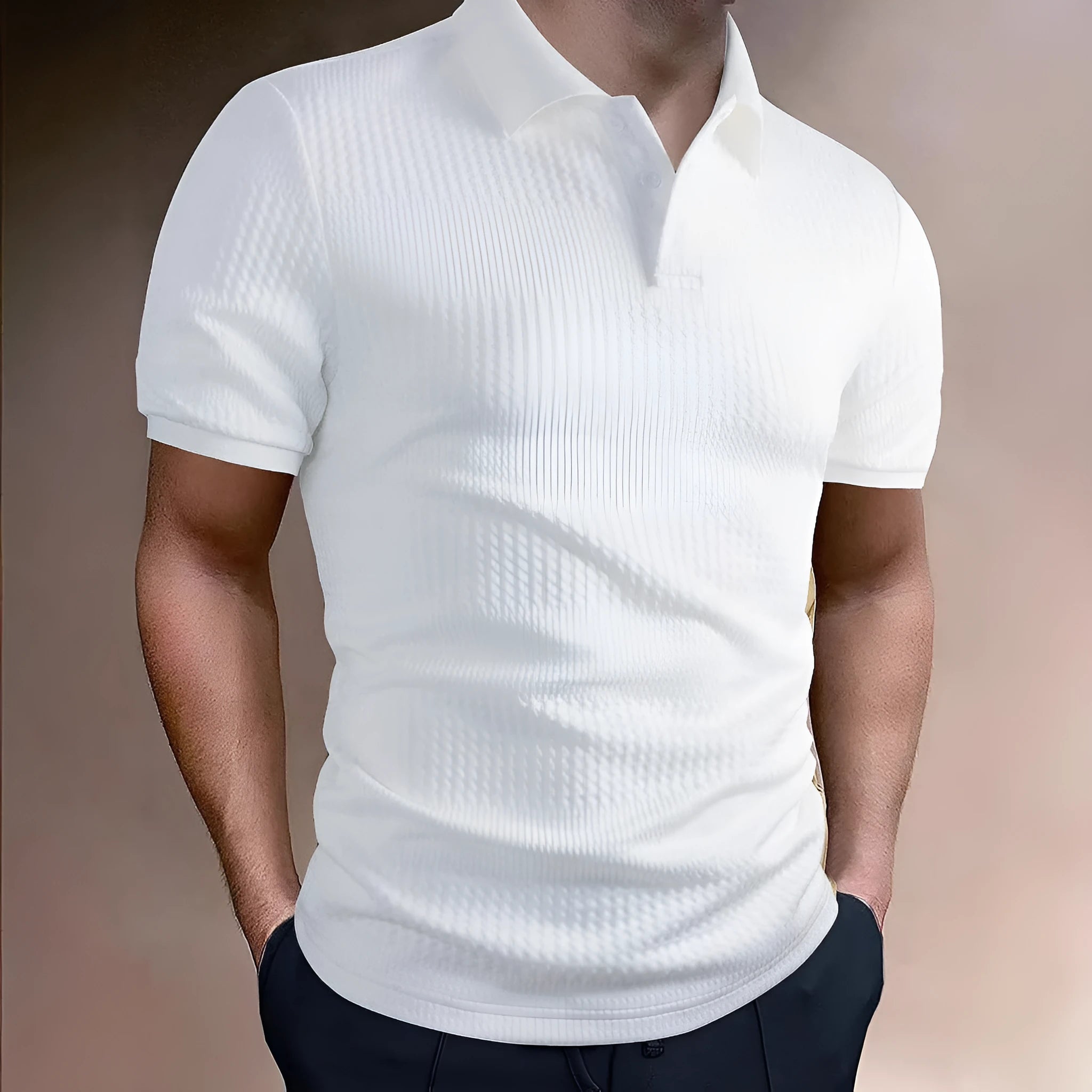Men's striped polo shirt in light blue, loose fit, short sleeve, polyester blend fabric, summer casual top