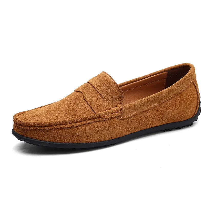 Men's suede Gommino loafers in dark green with round toe, sewing details, and a rubber sole.