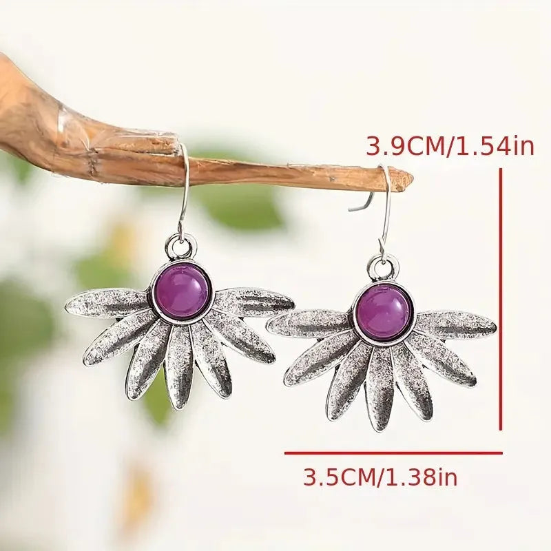 Purple Bohemian plant flower earrings with resin gemstones and animal zodiac modelling