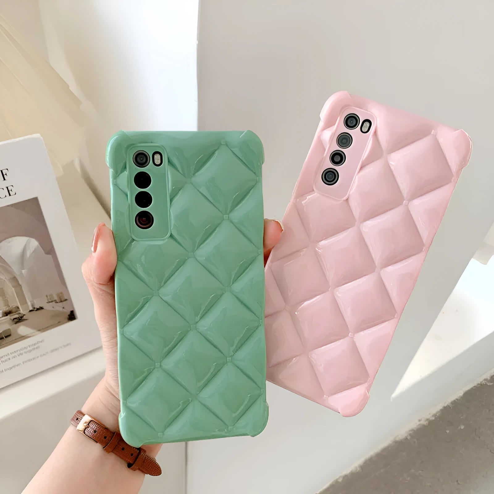 Silicone diamond phone case for Huawei smartphones in black, green, pink or white.