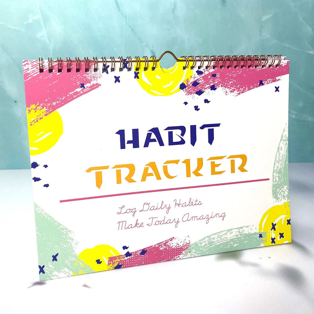 English habit tracking book with 12 pages measuring 21cm by 28cm in multiple colour options