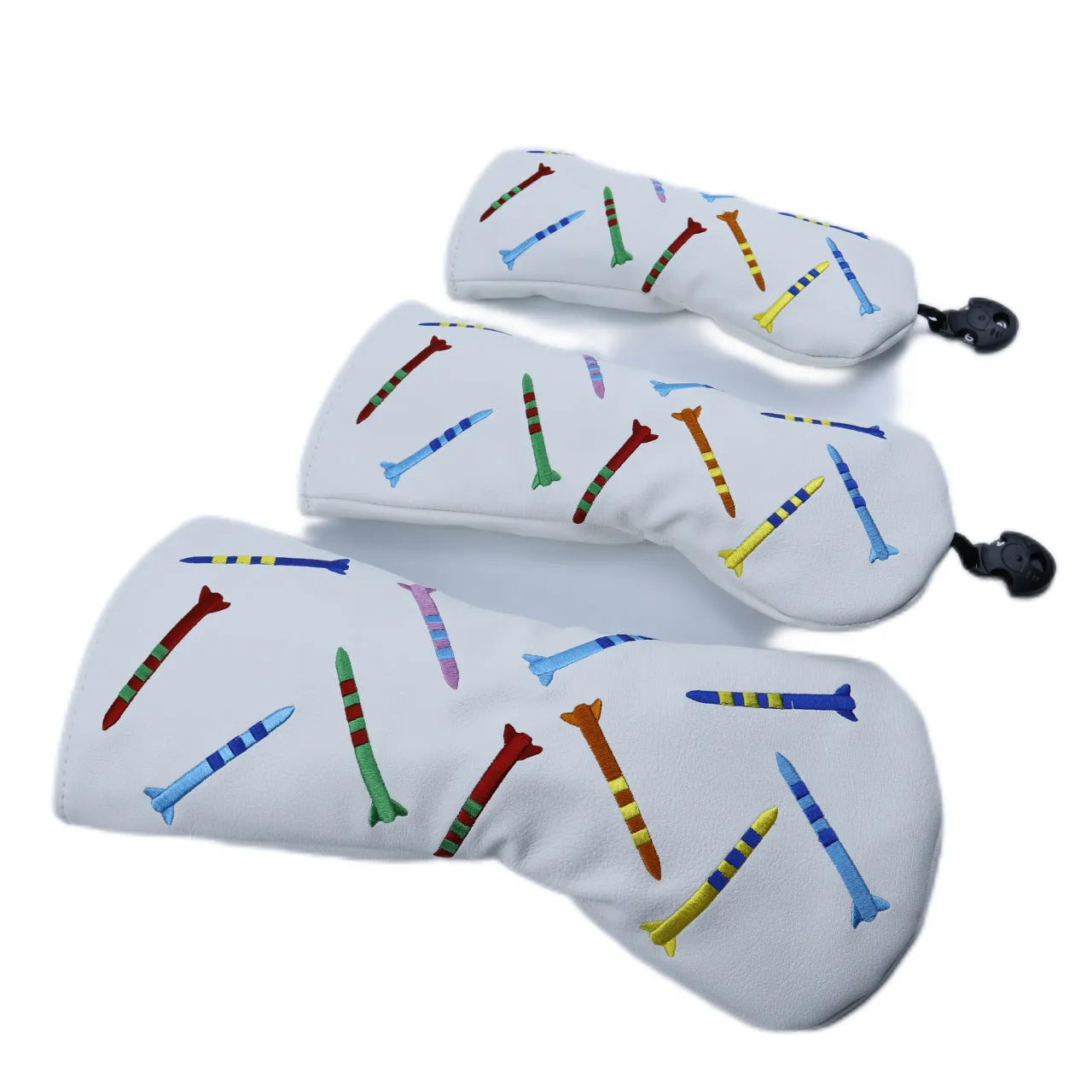 Golf wooden pole sets in black and white colours showing large, medium, and small size options