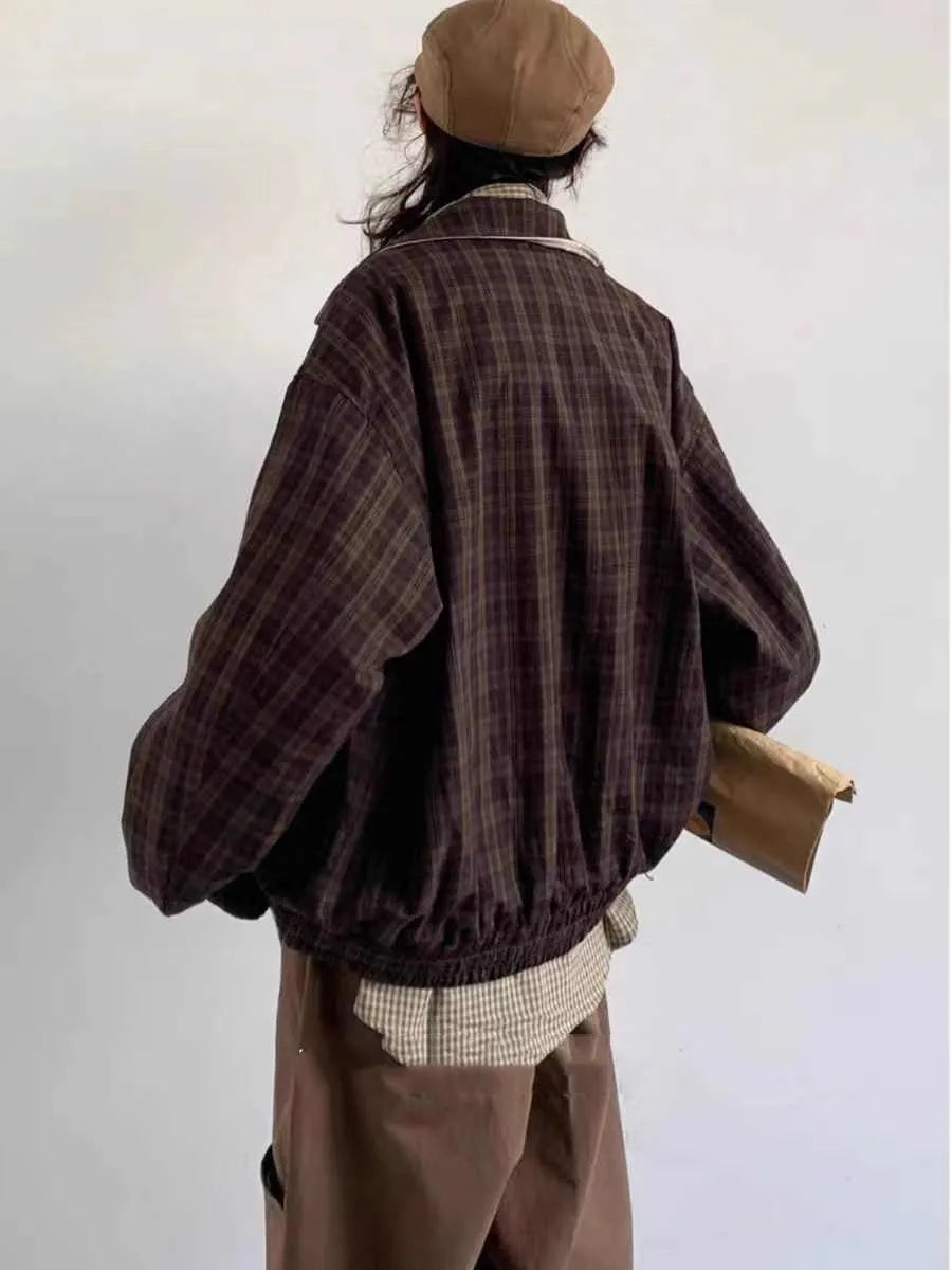 Men's retro reversible jacket in khaki with coffee colour plaid, stand collar, zipper placket, loose fit