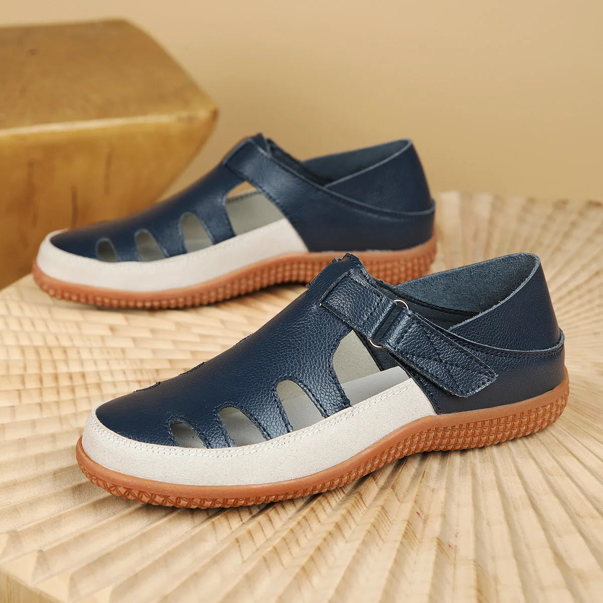 Women's plus size flat heel sandals with hollow toe cap design in blue, red or white colours