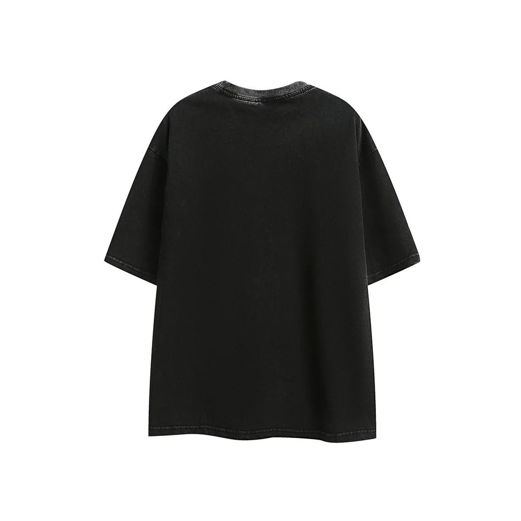 Men's loose-fit black embroidered retro short-sleeved cotton T-shirt on a hanger.
