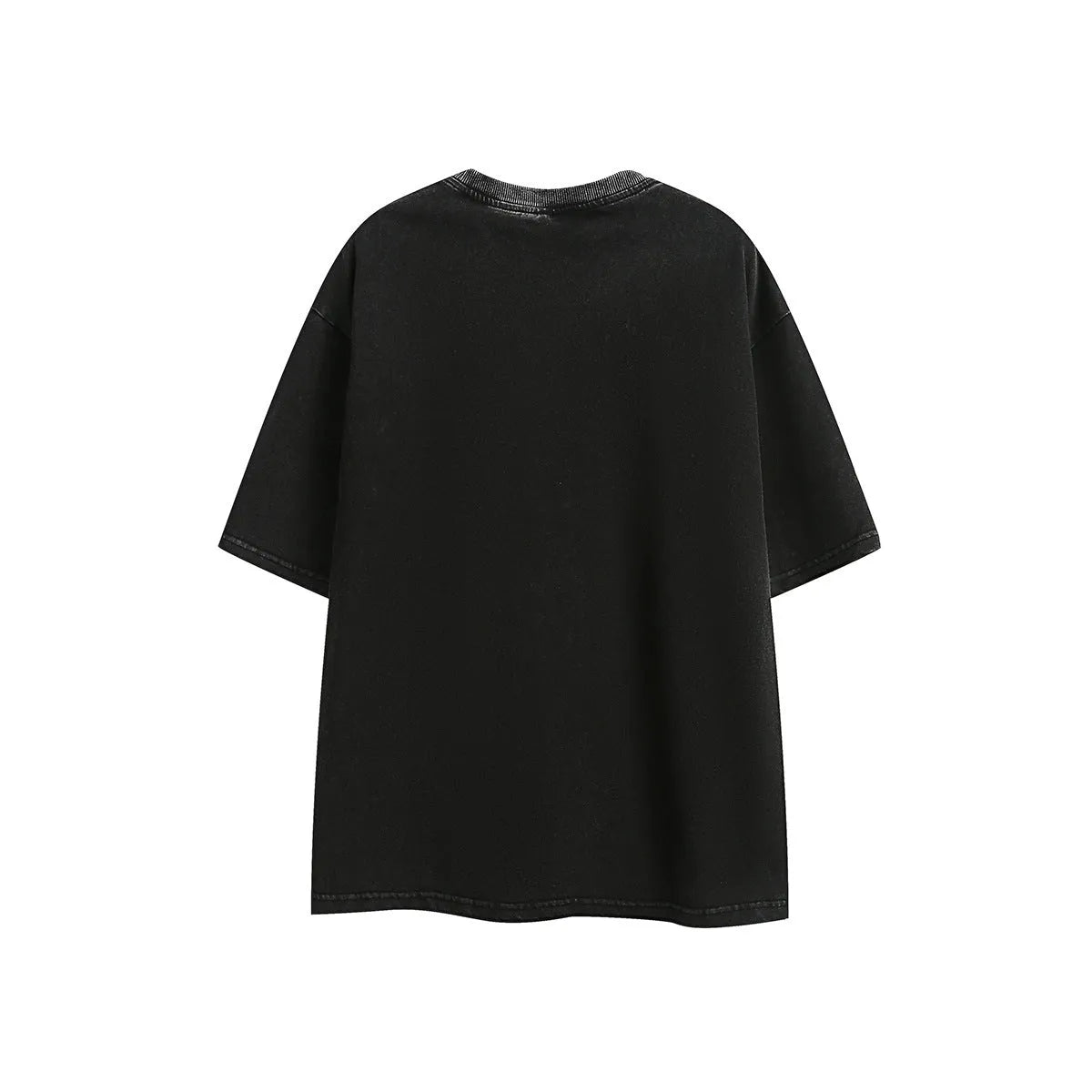 Men's loose-fit black embroidered retro short-sleeved cotton T-shirt on a hanger.