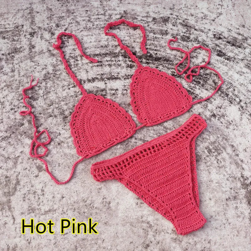 Women's handmade crochet three-piece bikini and beach skirt swimsuit set