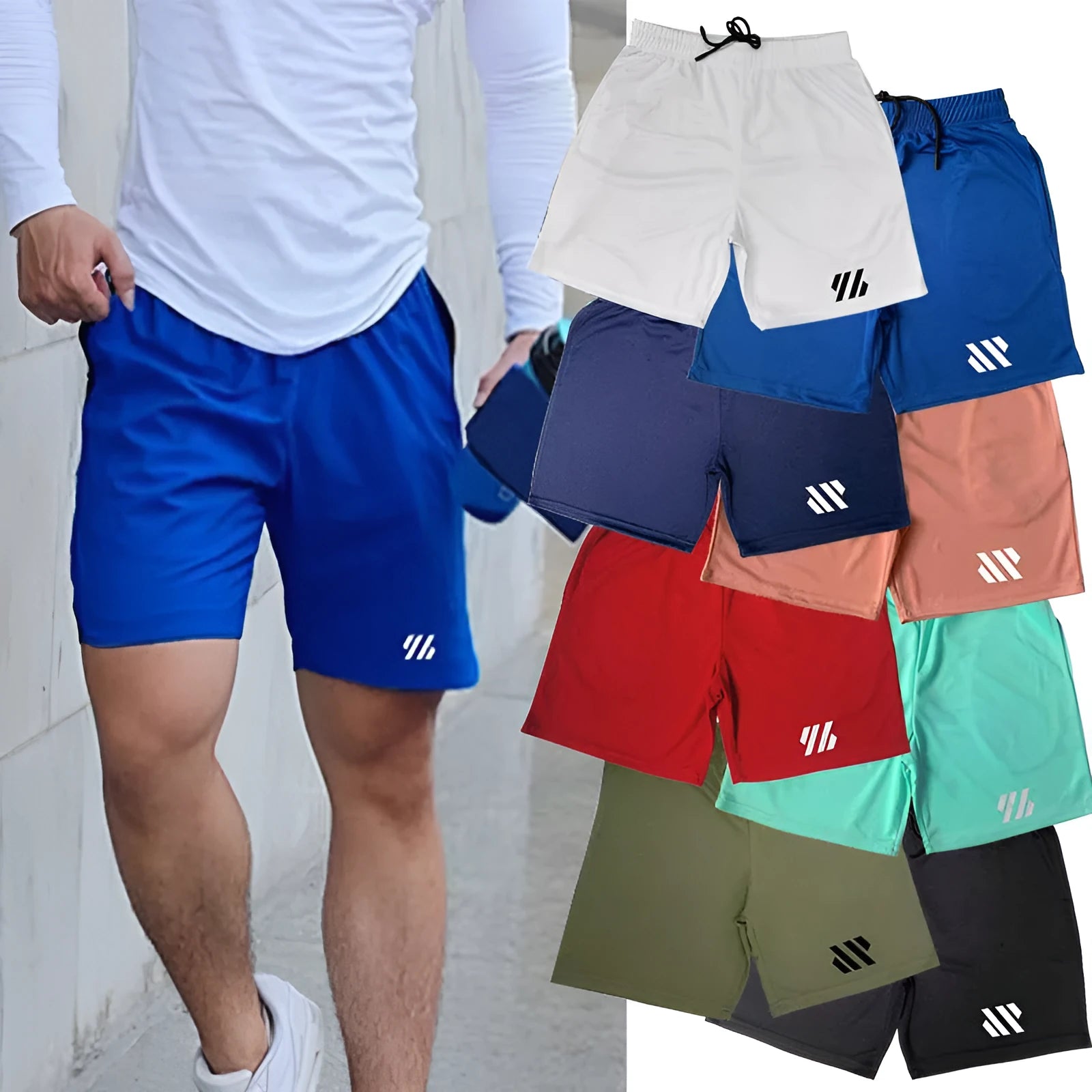 Men's metal silk fabric sports shorts in loose fit style available in multiple colours like army green and blue for summer running.