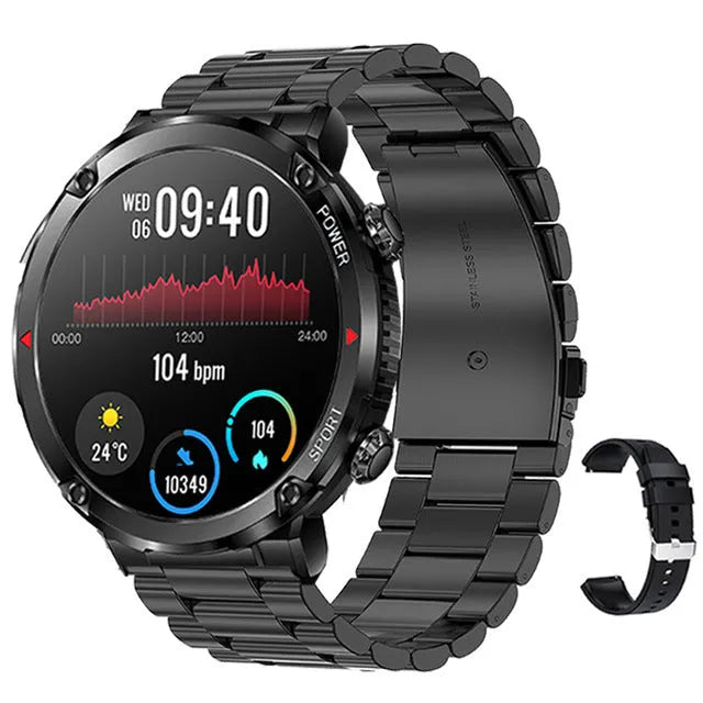 T30 smart watch with black silicone strap showing IPS touch screen displaying heart rate data