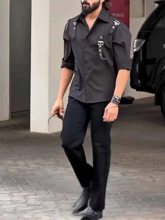 Men's black polyester button-up shirt with regular fit on a mannequin.